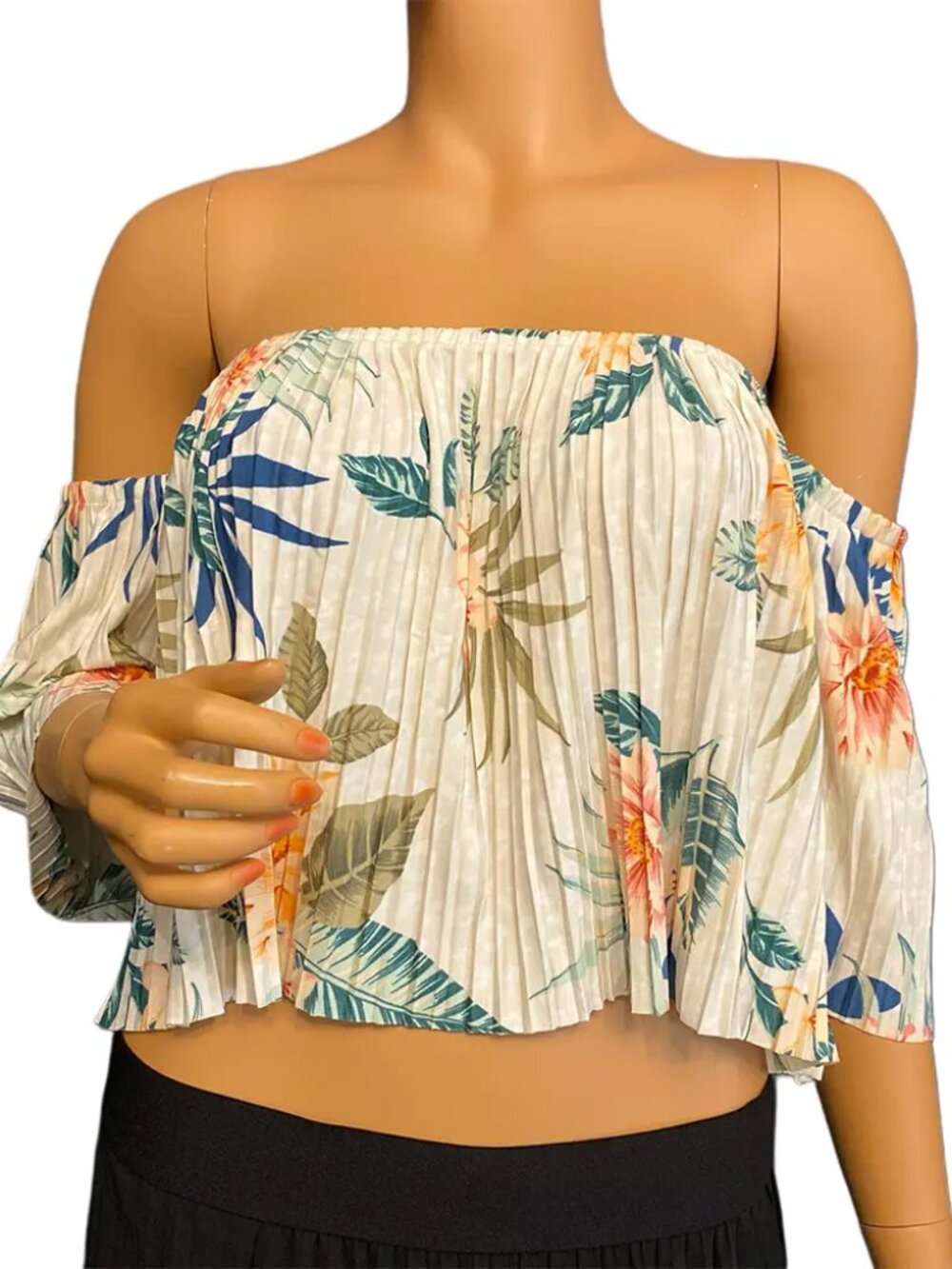 GUESS Hanalei Blooms Off Shoulder Pleated Crop Top Cream Tropical